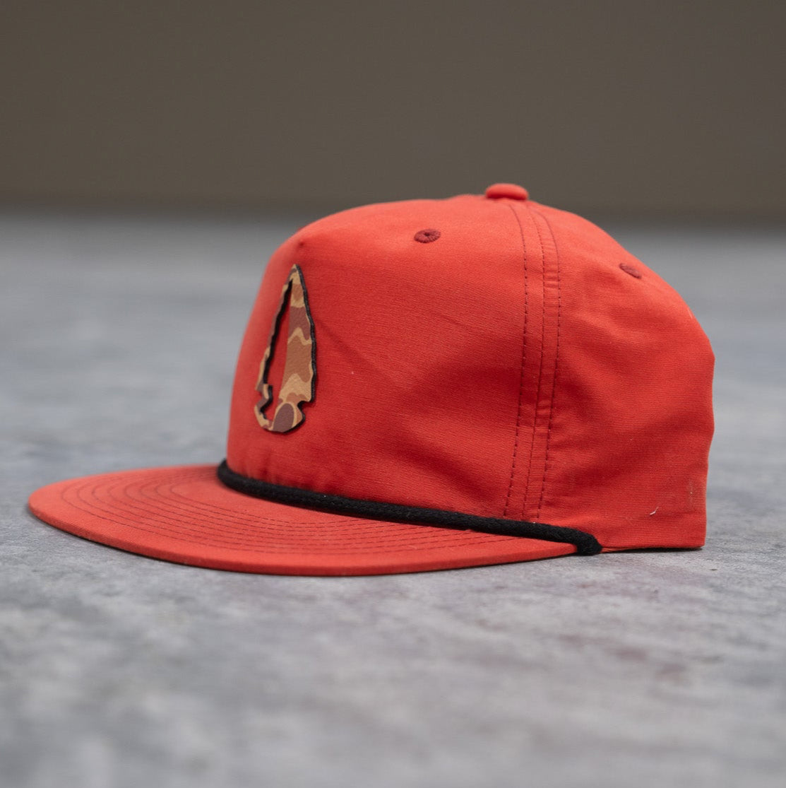 Signal Orange Richardson Outdoor Rope Cap with premium camo leather patch